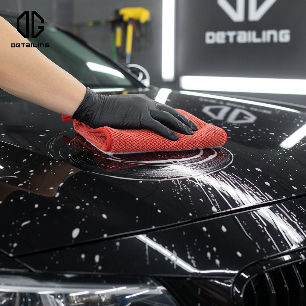 Detailer using clay mitt on paint