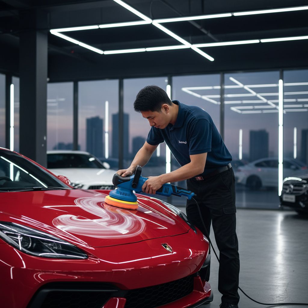 Detailer working on sports car