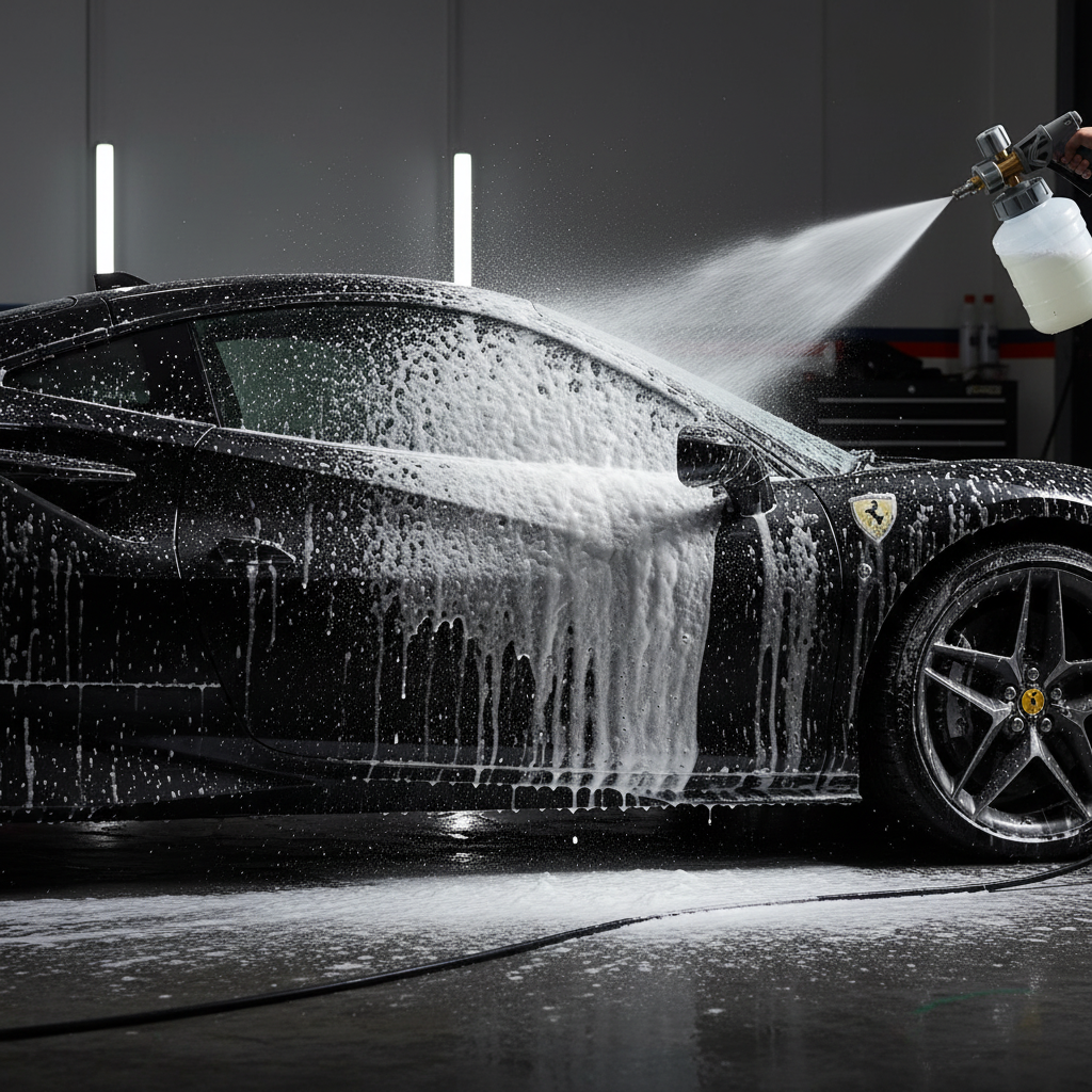 Foam cannon spraying on car