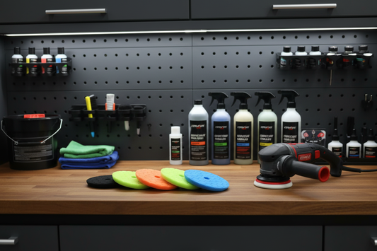 Pads with polisher on workbench