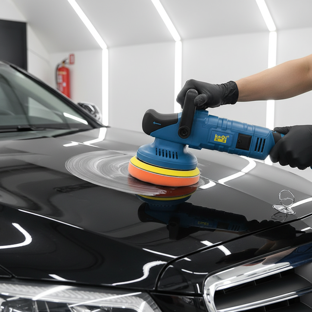 Professional detailer using polisher on car
