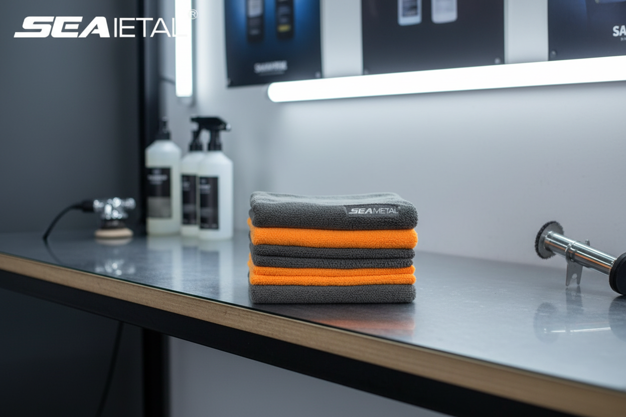 Stacked towels on workbench