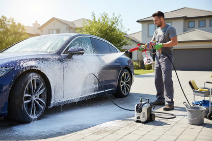 Washing luxury car in driveway